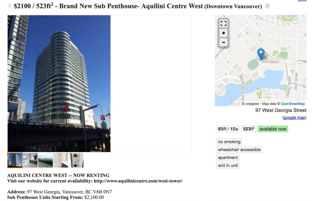 Craiglist apartment for rent above Rogers Arena