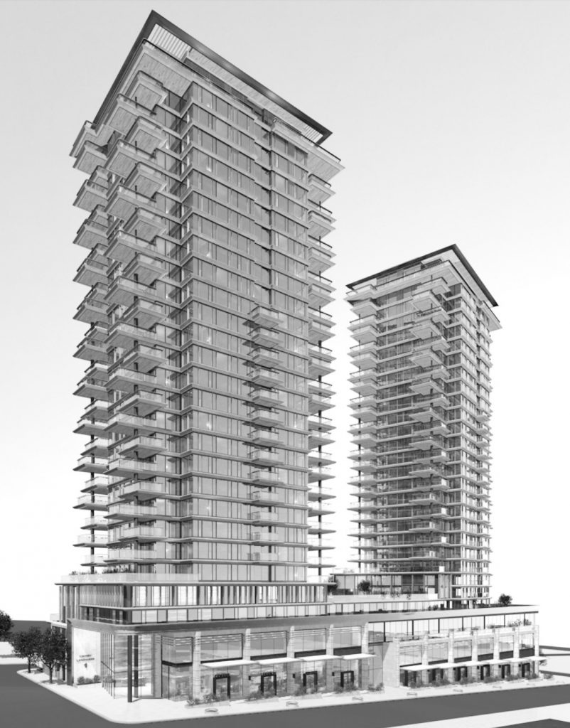 The Empire Landmark Hotel on Robson Street in Vancouver’s West End will be demolished and replaced by two new condo towers, with office space and social housing in the podium. Credit: Musson Cattell Mackey Partnership