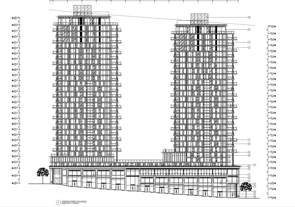 The Empire Landmark Hotel on Robson Street in Vancouver’s West End will be demolished and replaced by two new condo towers, with office space and social housing in the podium. Credit: Musson Cattell Mackey Partnership