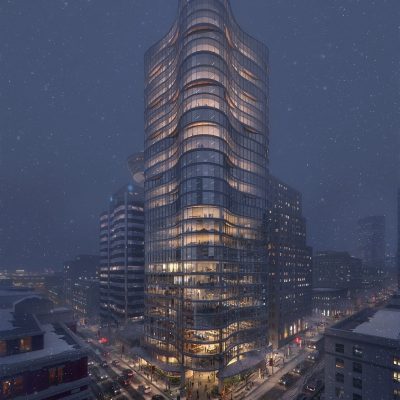 Rendering of the Bosa Waterfront Centre on a snowy winter's day
