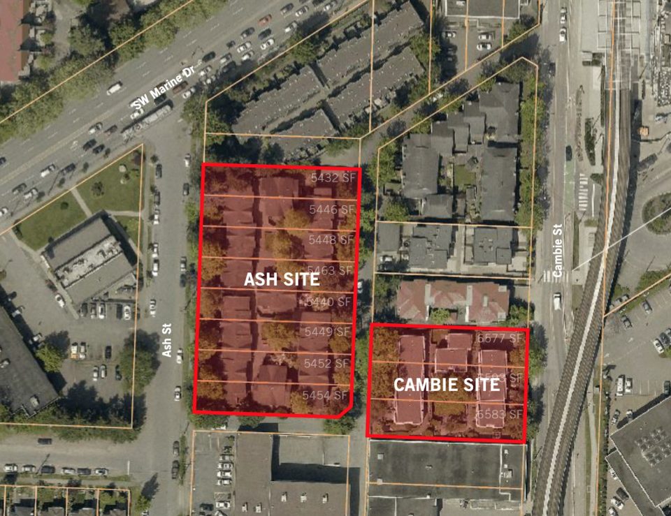 Map showing Ash and Cambie sites