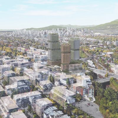 Aerial view of Safeway redevelopment at East Broadway and Commercial Drive