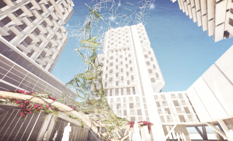 Perspective view illustrating courtyard vertical gardens