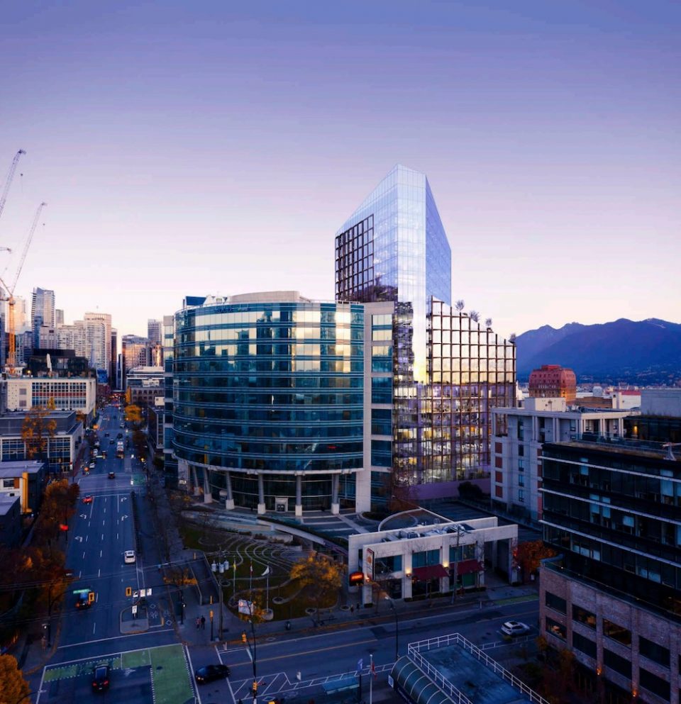 Aerial of 550 Cambie from Dunsmuir Street.