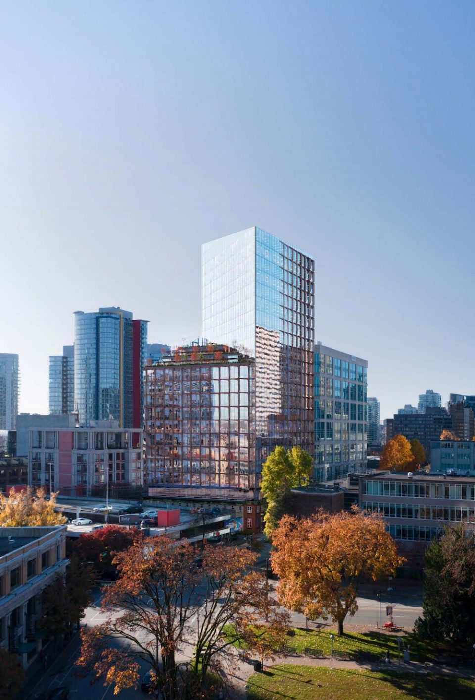 Aerial view of 550 Cambie from Victory Square