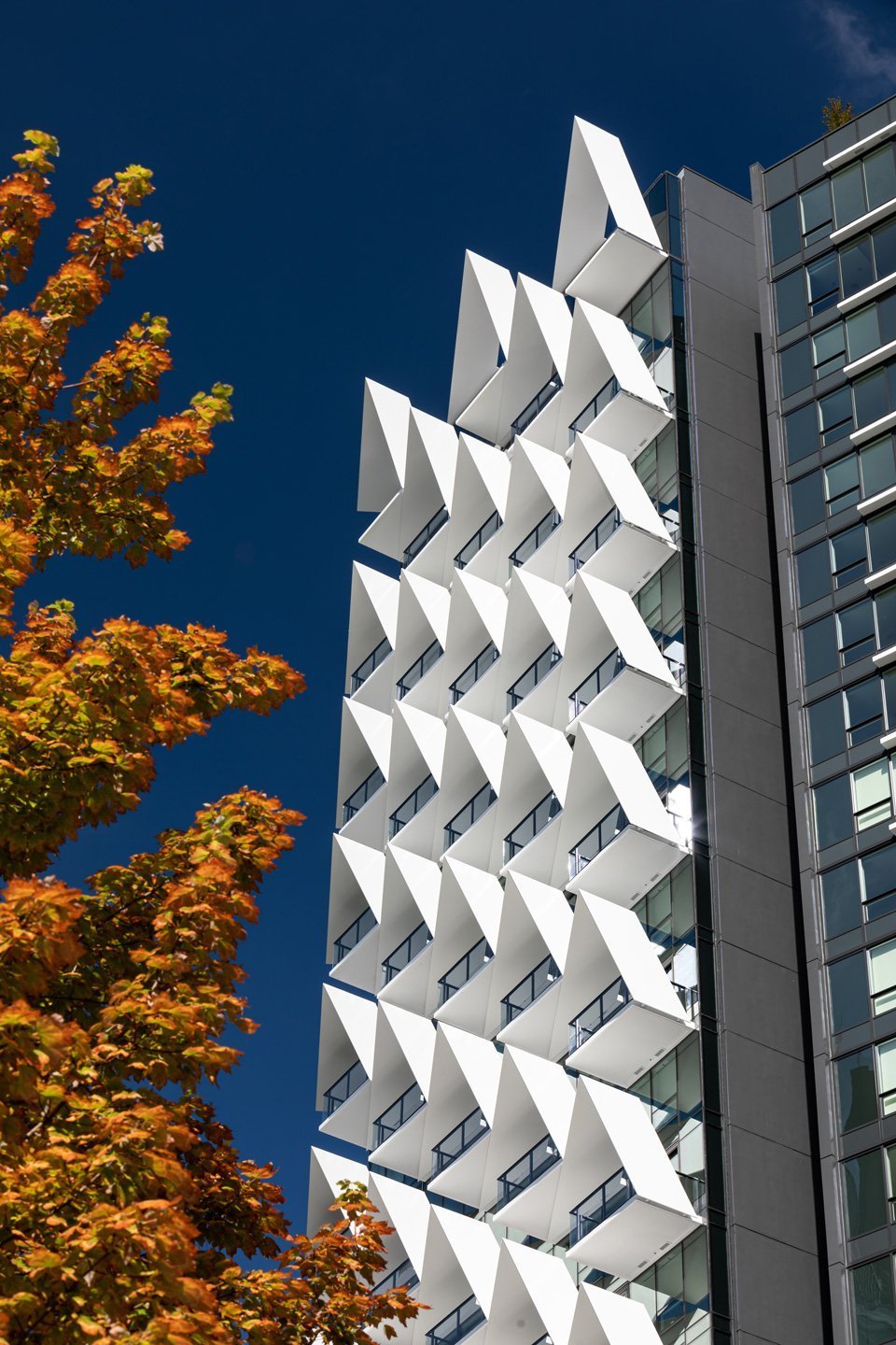 V-shaped white steel structures on façade