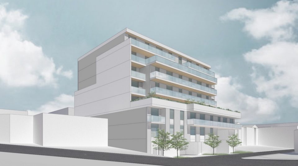 Street level view of proposed building along Lane