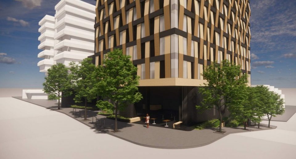 Rendering of upcoming hotel by Hallmark Hospitality at West Broadway and Laurel Street