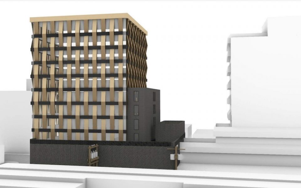 Rendering of upcoming hotel by Hallmark Hospitality at West Broadway and Laurel Street