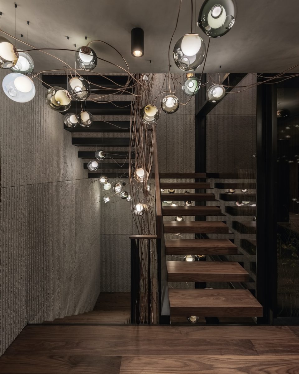Staircase with suspended custom Bocci lighting