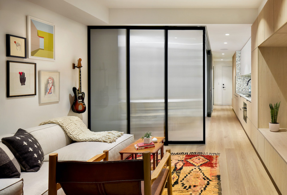 Sliding doors surround the bedroom