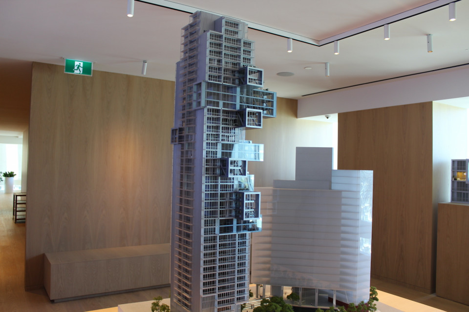 Fifteen Fifteen Bosa tower model with existing office tower in background