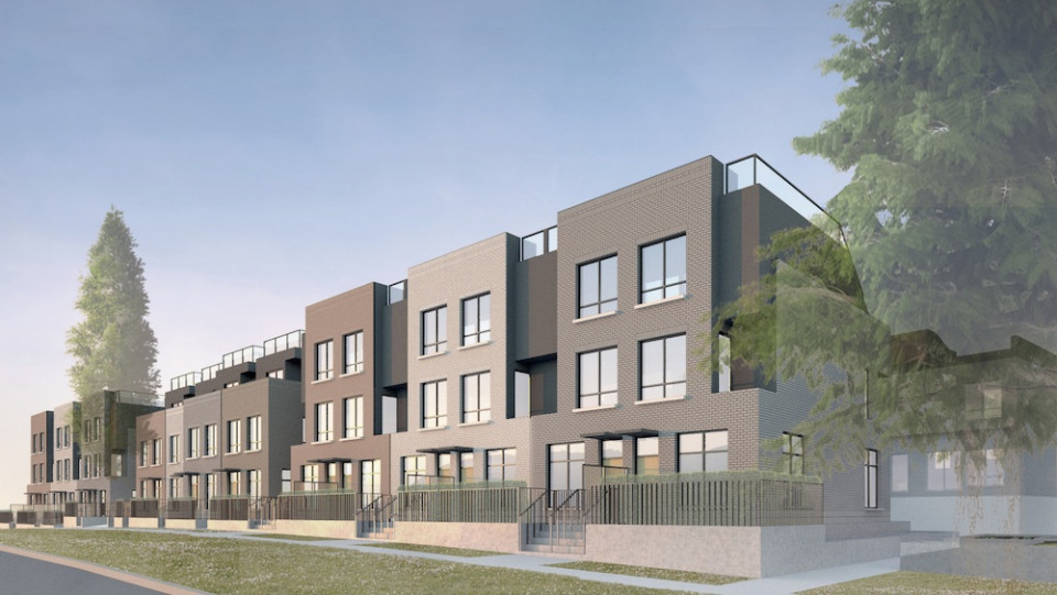 Rendering from northwest of Sightline Properties townhouse project.