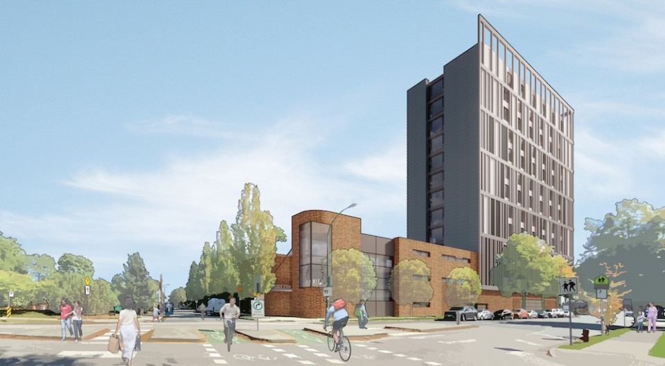 Kitsilano homeless housing rendering - View looking southeast from Arbutus Street and West 7th Avenue