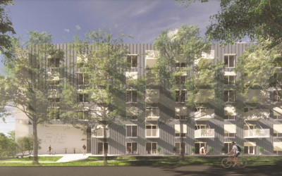 Rendering of upcoming social housing building at 2009-2037 Stainsbury Avenue