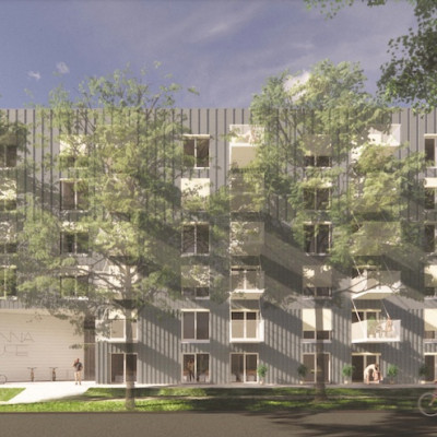 Rendering of upcoming social housing building at 2009-2037 Stainsbury Avenue