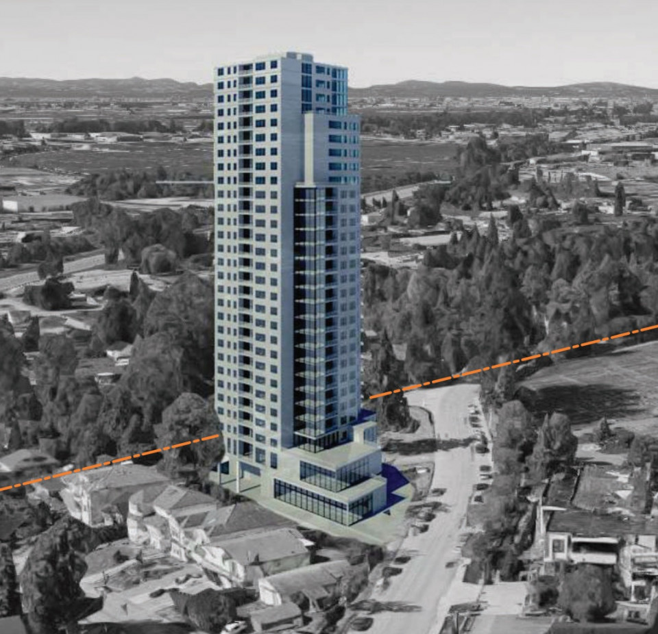View from east of proposed Schara Tzedeck rental apartment tower - boundary line in orange between New Westminster and Burnaby