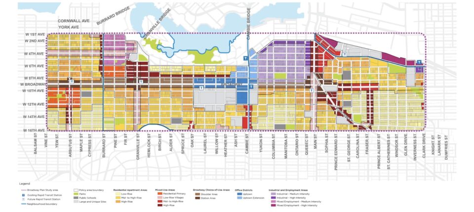 Overall draft concept plan for the Broadway Plan area, describing the proposed land use mix and building types.