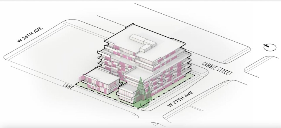 Building form of development at 4261 Cambie St and 503 W 27th Avenue