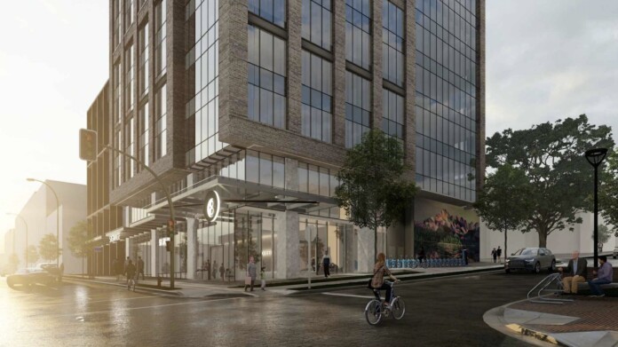 Rendering of building at Ontario and East Broadway, looking southeast.