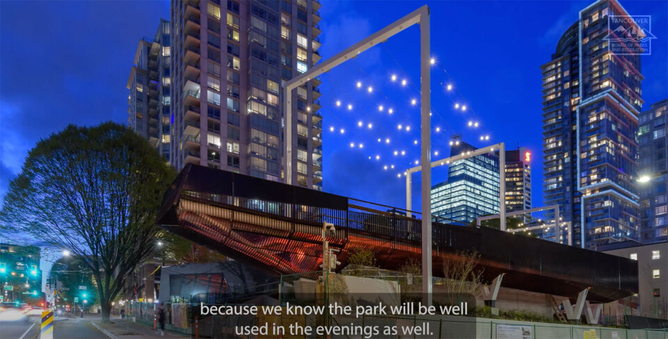 Suspended lighting feature at the new park at Smithe and Richards