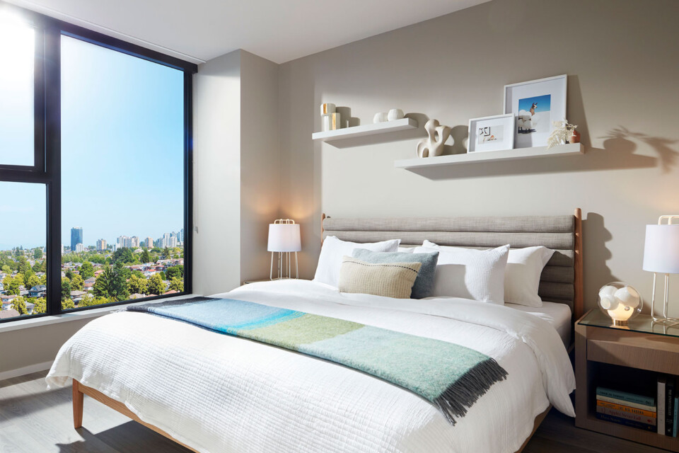 Bedroom renderings at Frame Vancouver condos.