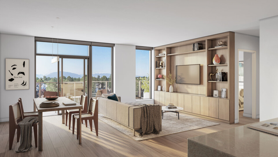 Rendering of living and dining area at Frame Vancouver condos.