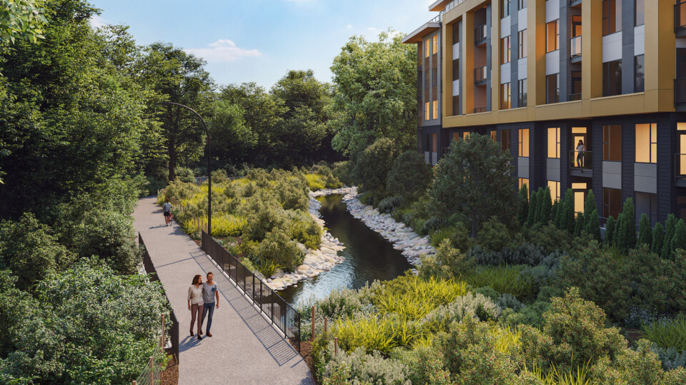 Rendering of creek view at future Aldergrove Town Centre in Langley Township