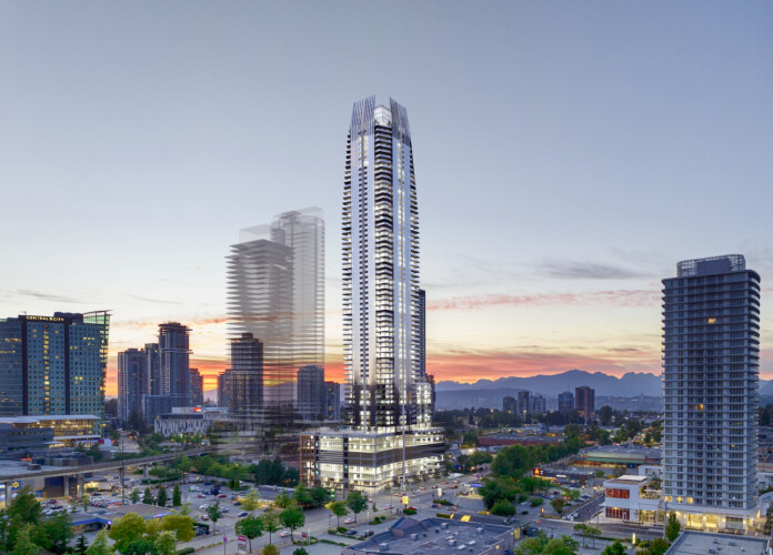 Westland Living's proposed 67-storey tower in Surrey, rendering at sunrise